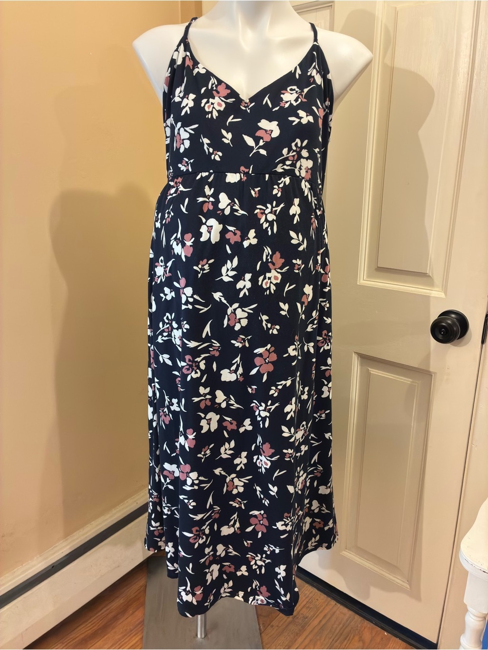 Nine Britton Navy Blue And Floral Angie Maternity Knit Midi Dress Size XL